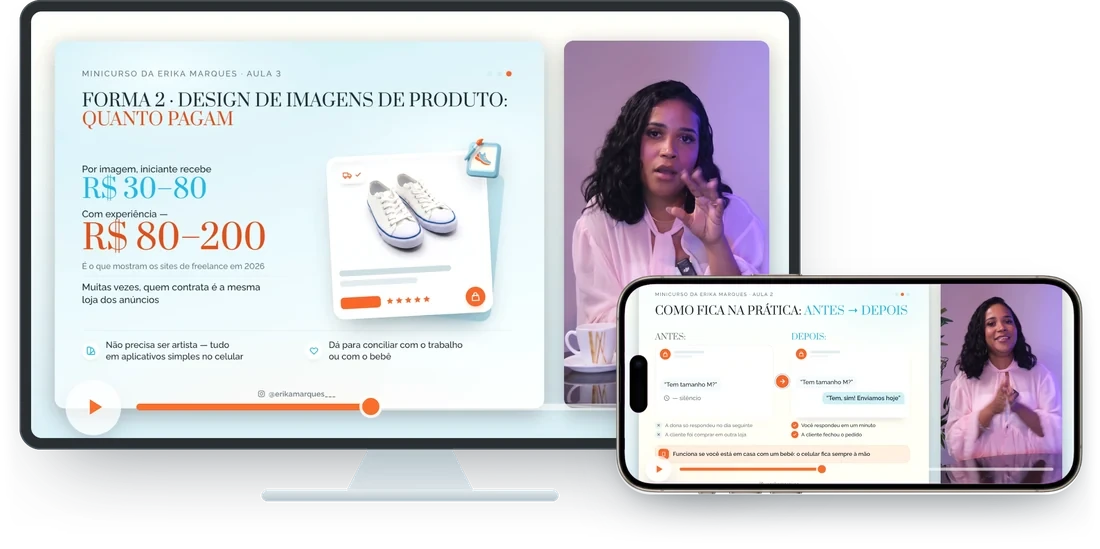 Videoaula do curso no monitor e no celular